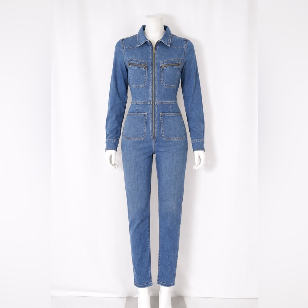 Free People Denim Jumpsuit Medium Zip Front Utility Coverall  Blue Long Sleeve